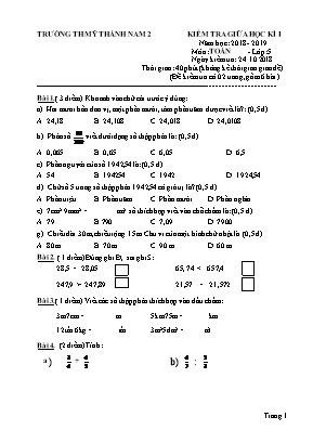 Đề kiểm tra Giữa học kỳ I môn Toán Lớp 5 - Năm học 2018-2019 - Trường Tiểu học Mỹ Thành Nam 2 (Có đáp án)
